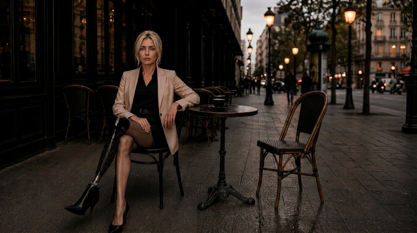 Vivian Sterling seated at a city cafe in a beige tailored blazer