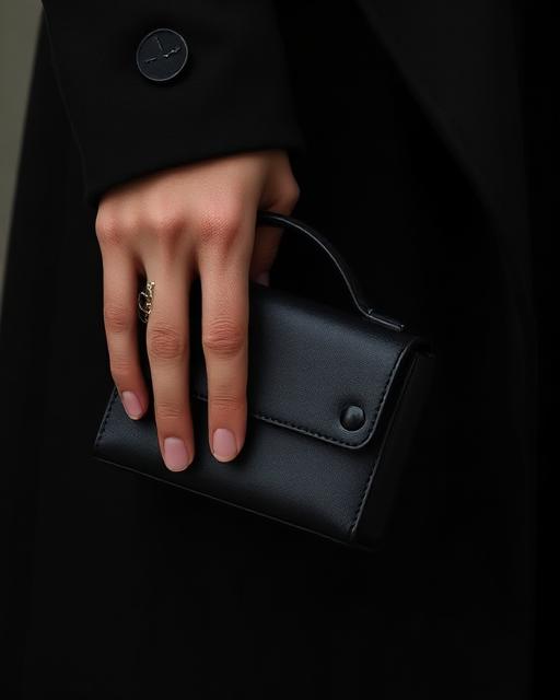 Hand holding a small black leather bag