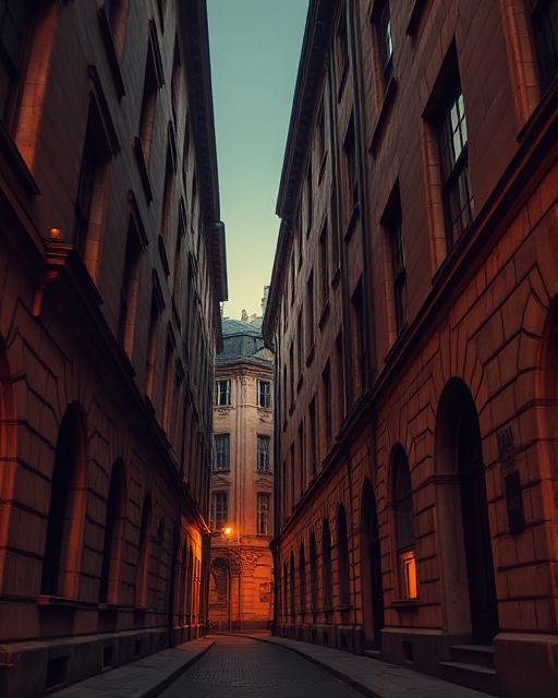 Narrow city street at dusk